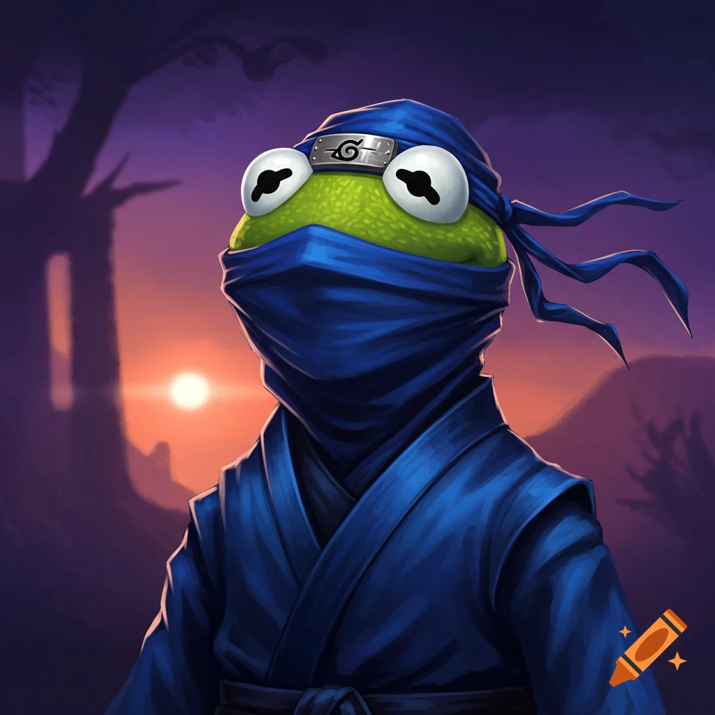 Kermit the Frog wears a blue ninja outfit with a headband against a sunset background.