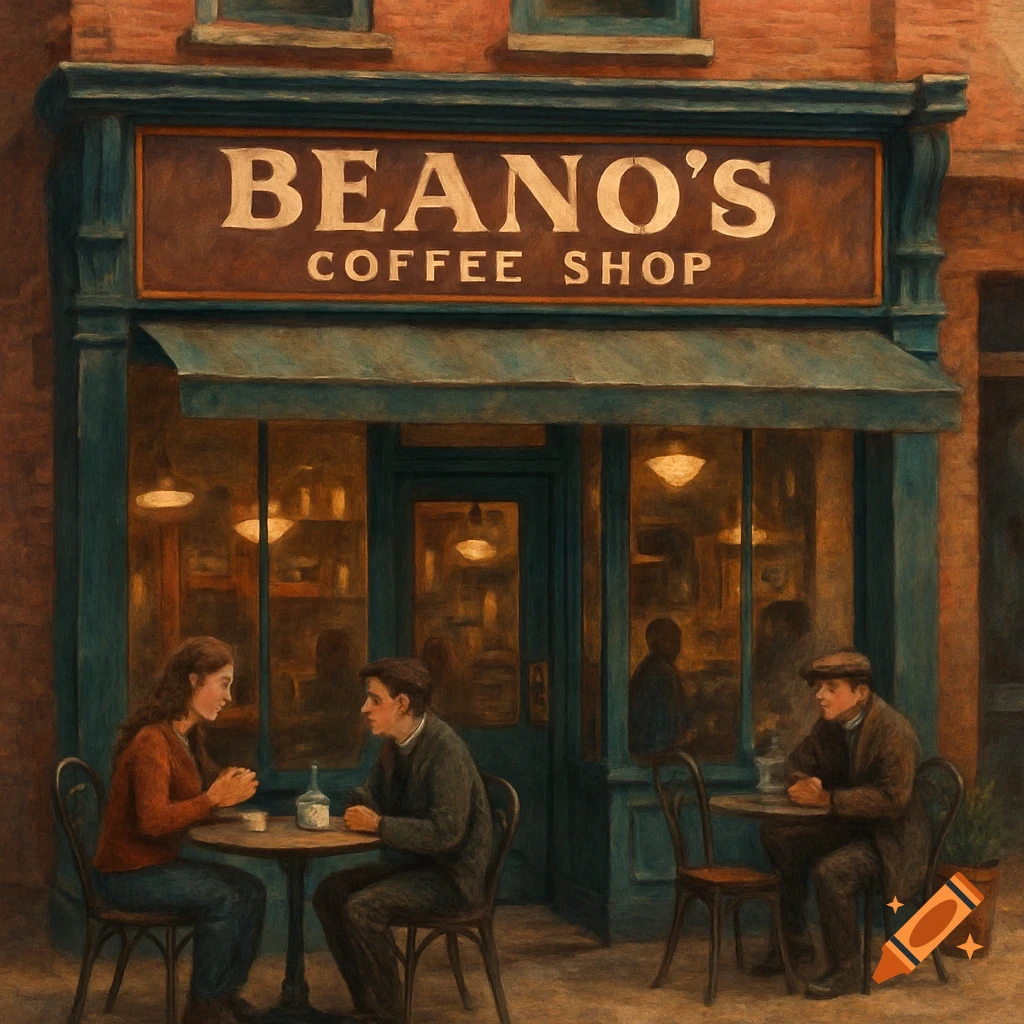 Painterly image of people sitting outside a coffee shop called Beano's.