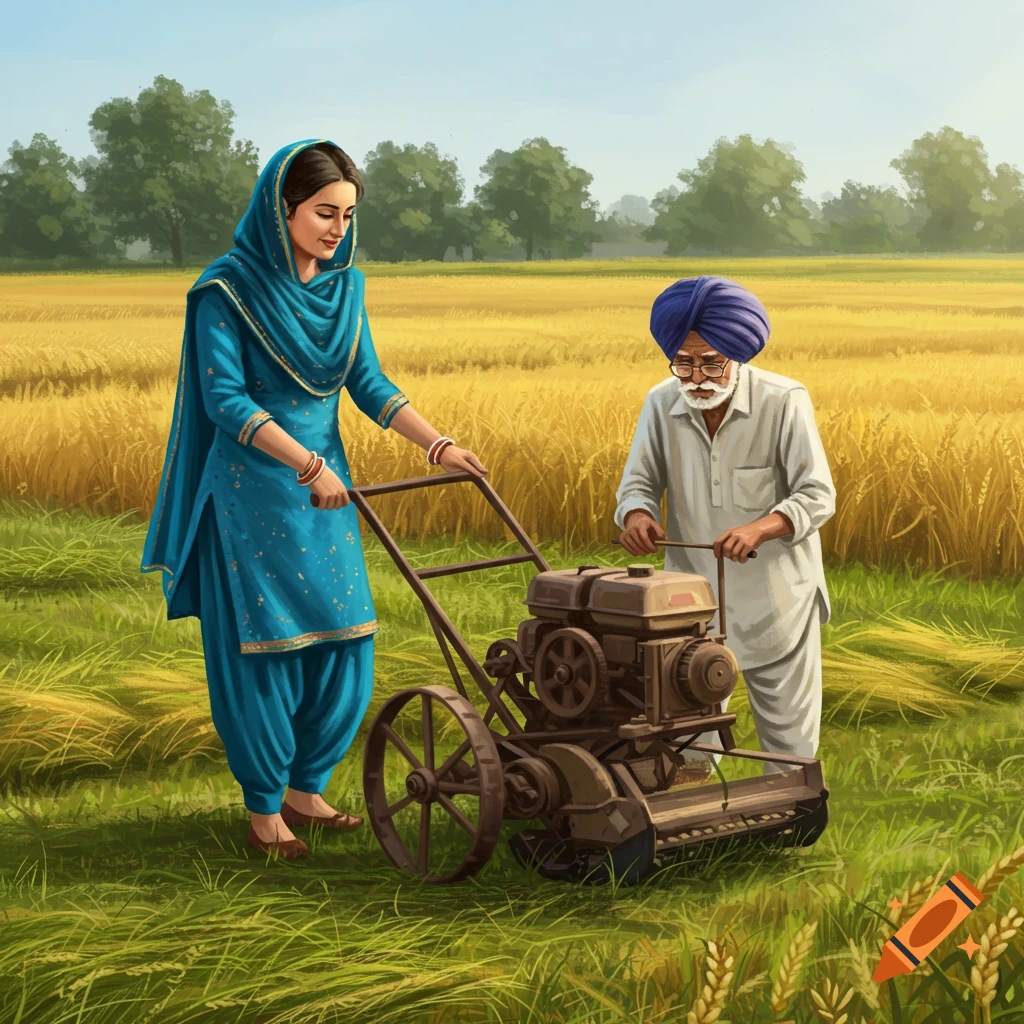 Painting of a woman and man in Punjabi clothing using a grass cutting machine in a golden field.