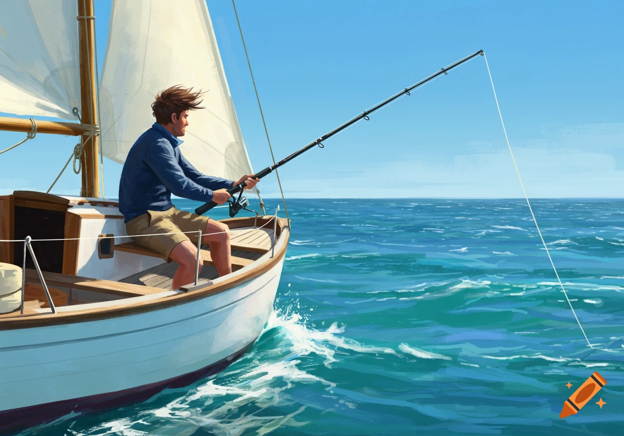 A man fishes from a sailboat on the ocean under a clear blue sky in a painterly style.