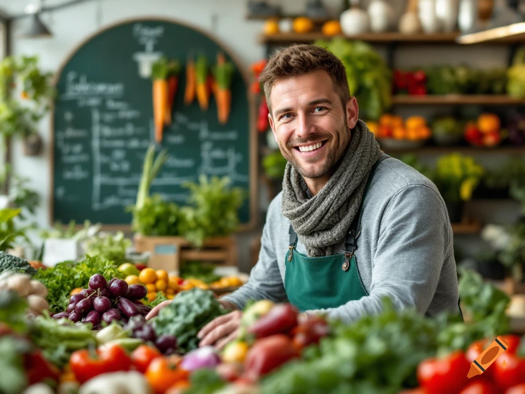 Smiling man in apron and scarf surrounded by fruits and vegetables in a market.