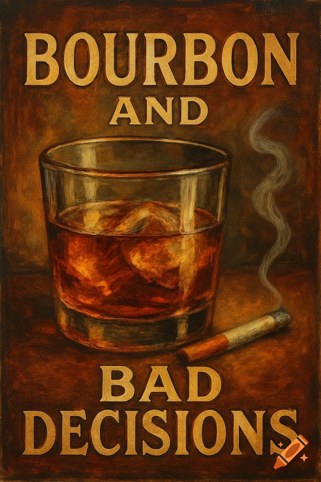 Illustration of a glass of bourbon with ice, a lit cigarette, and text "BOURBON AND BAD DECISIONS".