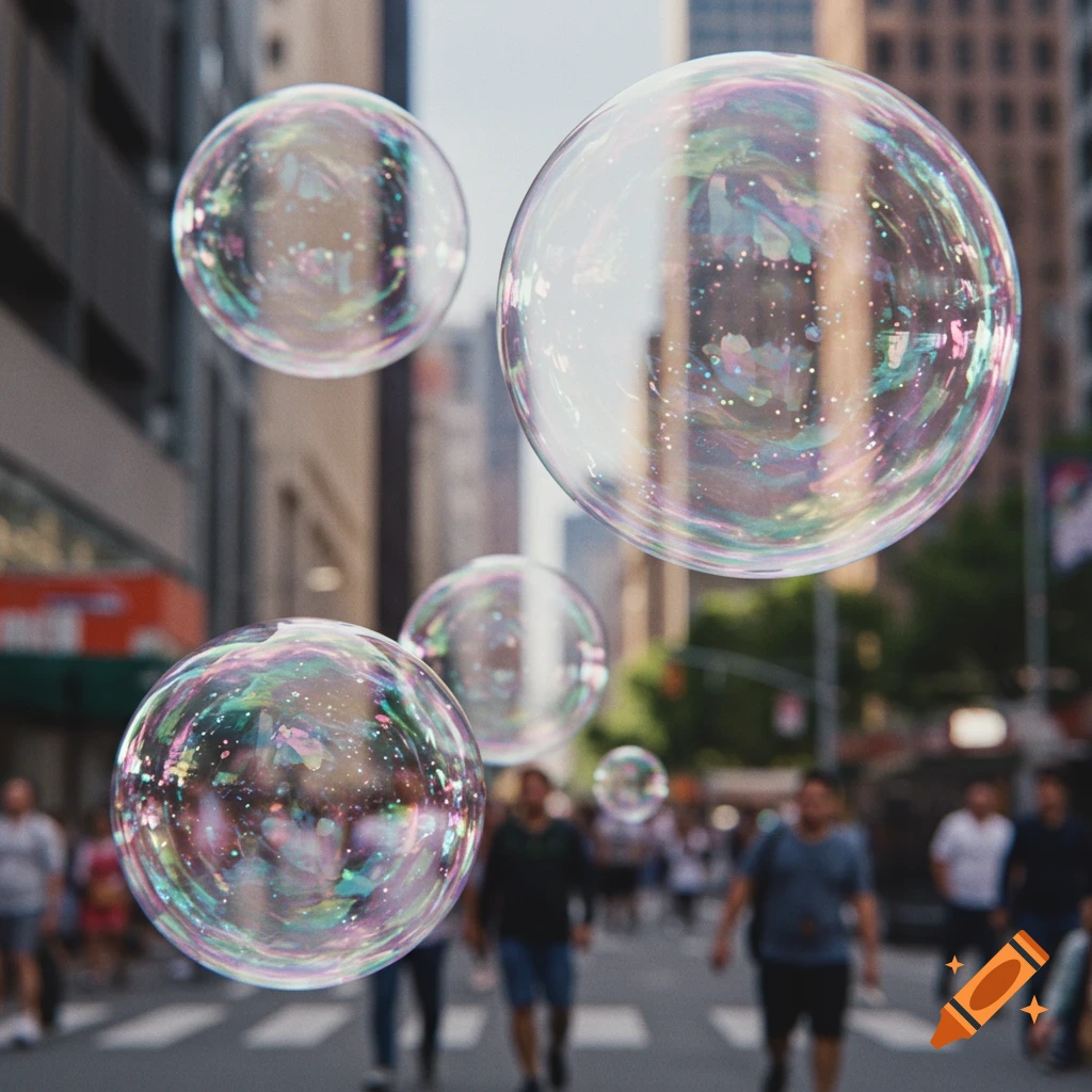 Several large bubbles float above a busy city street with blurred people in the background.