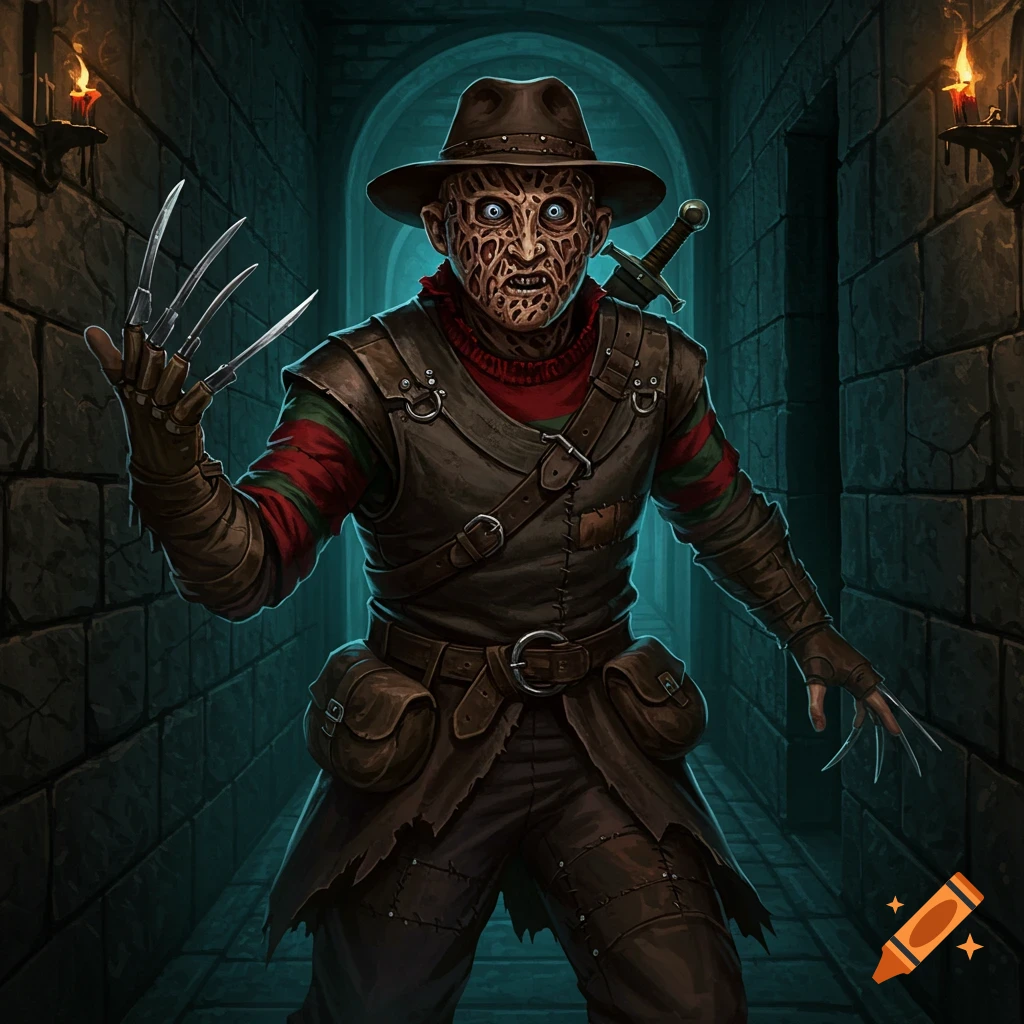 Fantasy adventurer in Freddy Krueger mask and clawed gloves standing in a dungeon hallway.