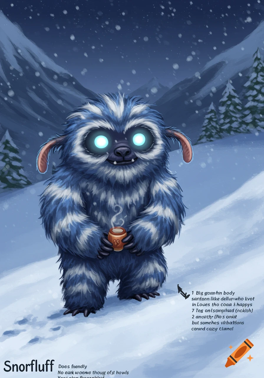 A cute blue and white fuzzy creature with glowing eyes stands in snowy mountains, holding a mug.