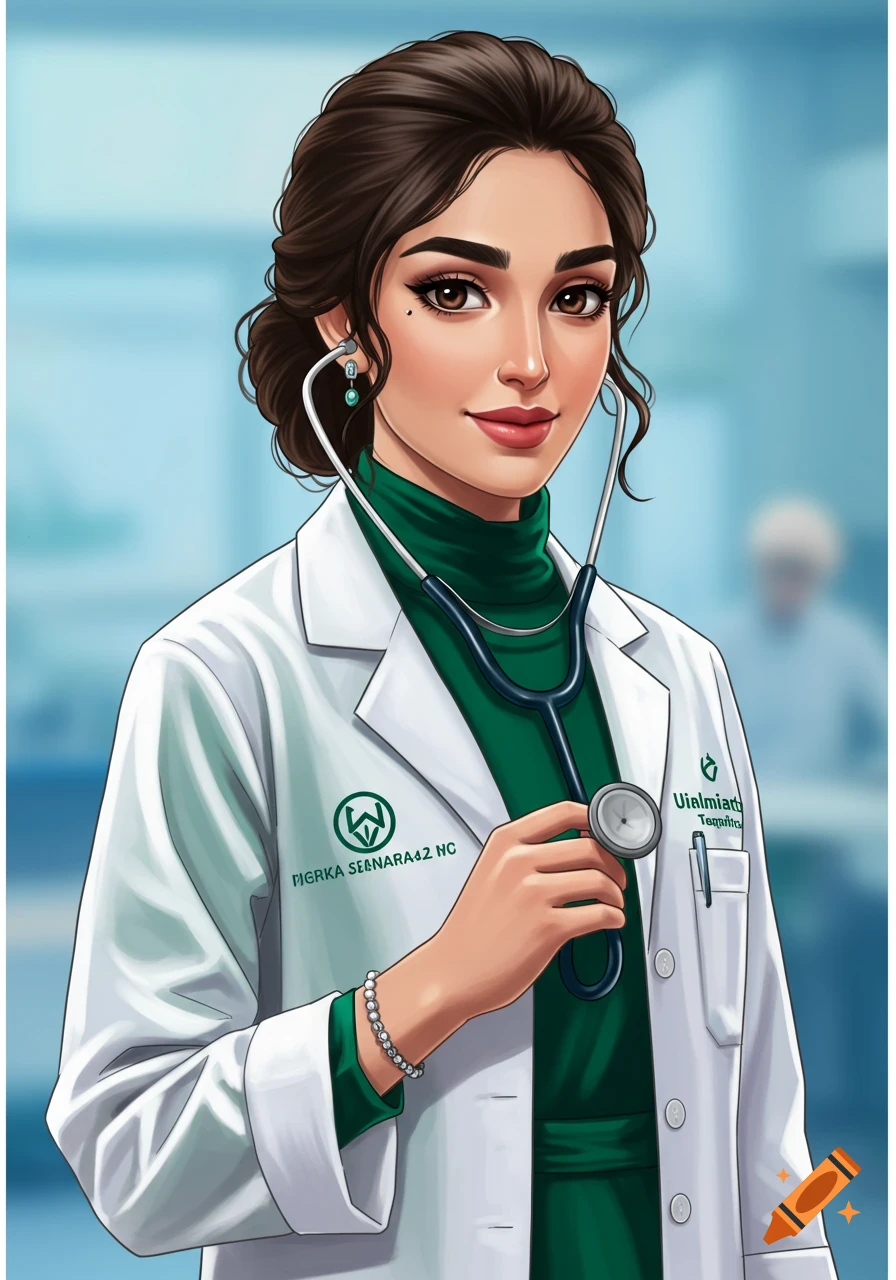Illustration of a female doctor wearing a lab coat and stethoscope