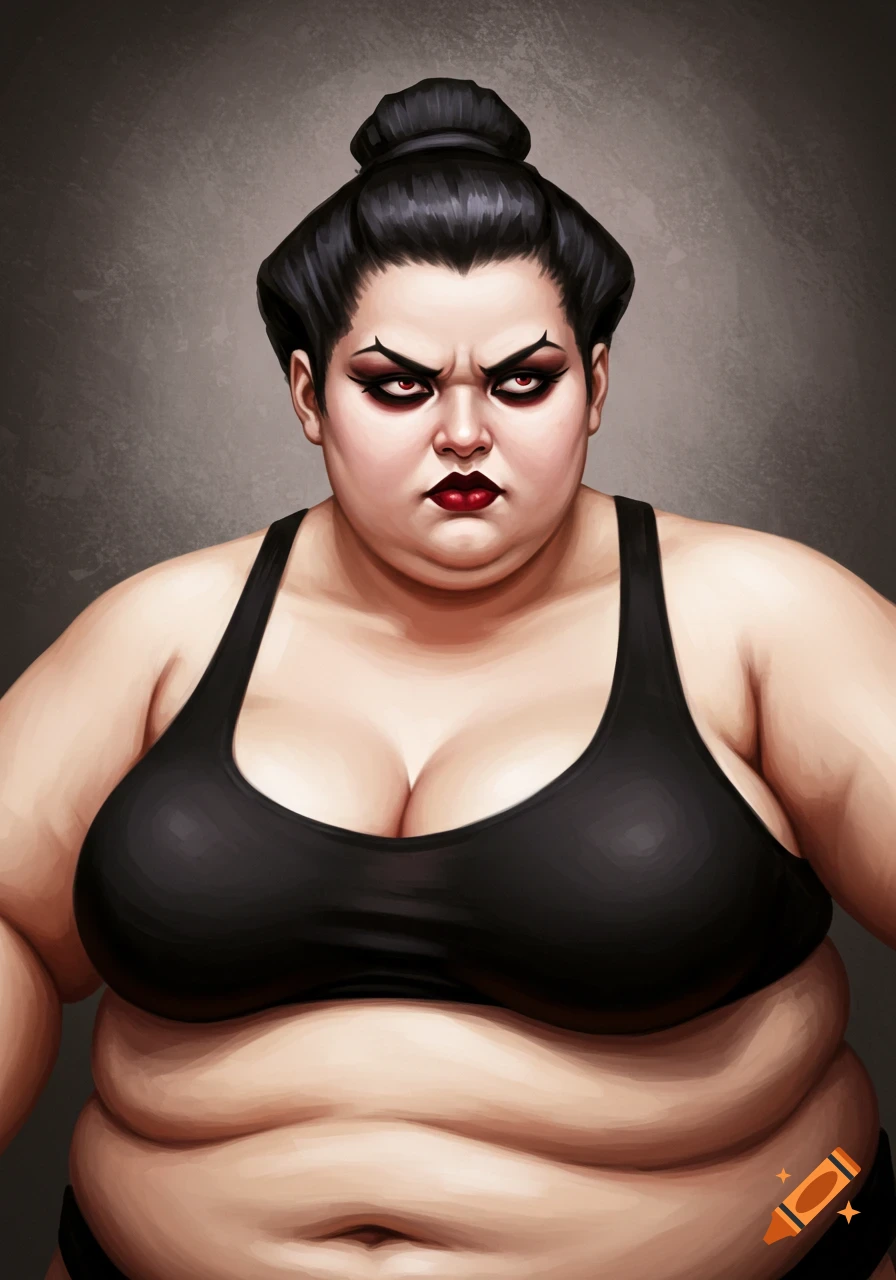 Illustration of a stern sumo wrestler with gothic makeup wearing a black bra.