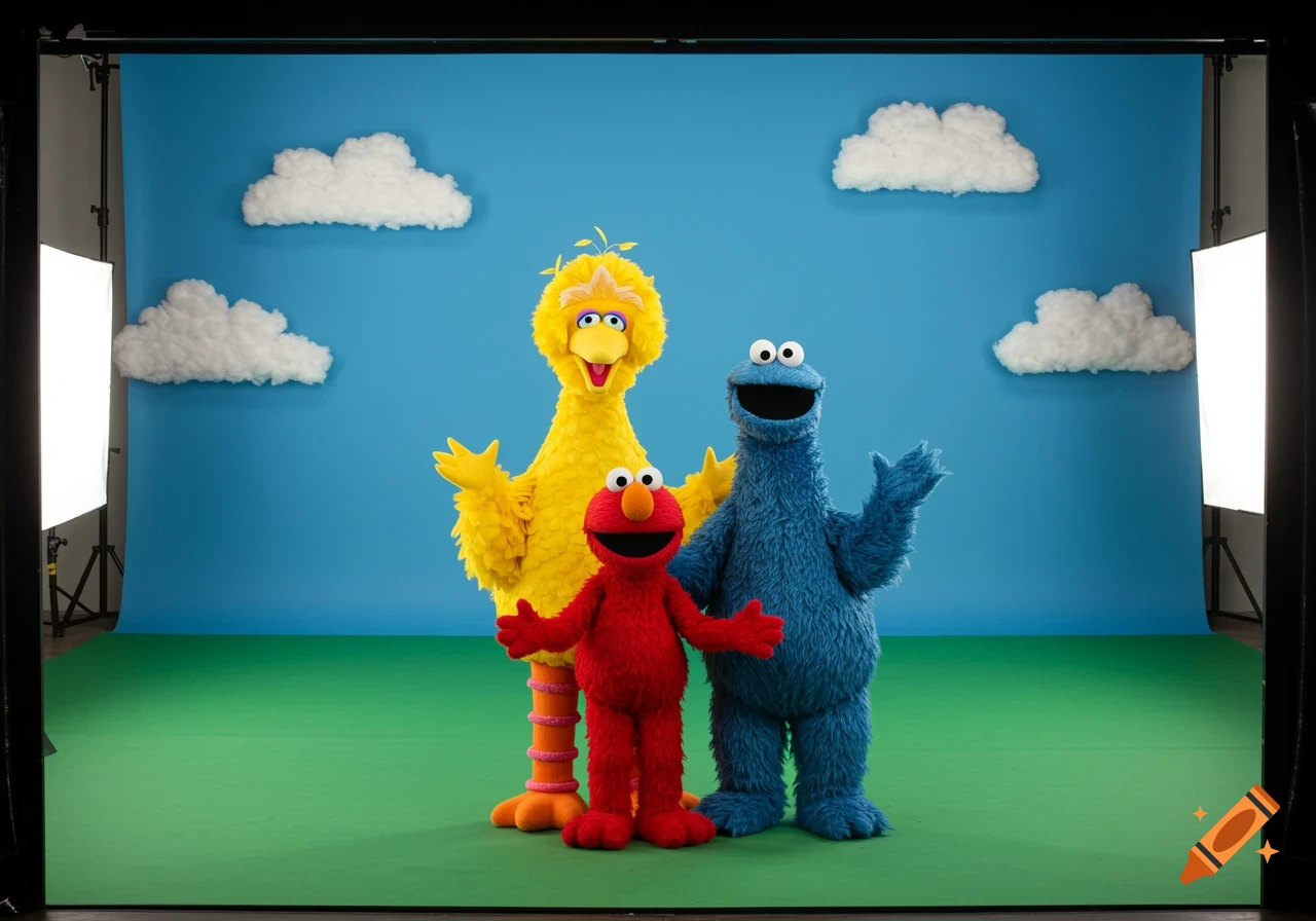 Elmo, Big Bird, and Cookie Monster pose on a blue and green photo set with prop clouds.