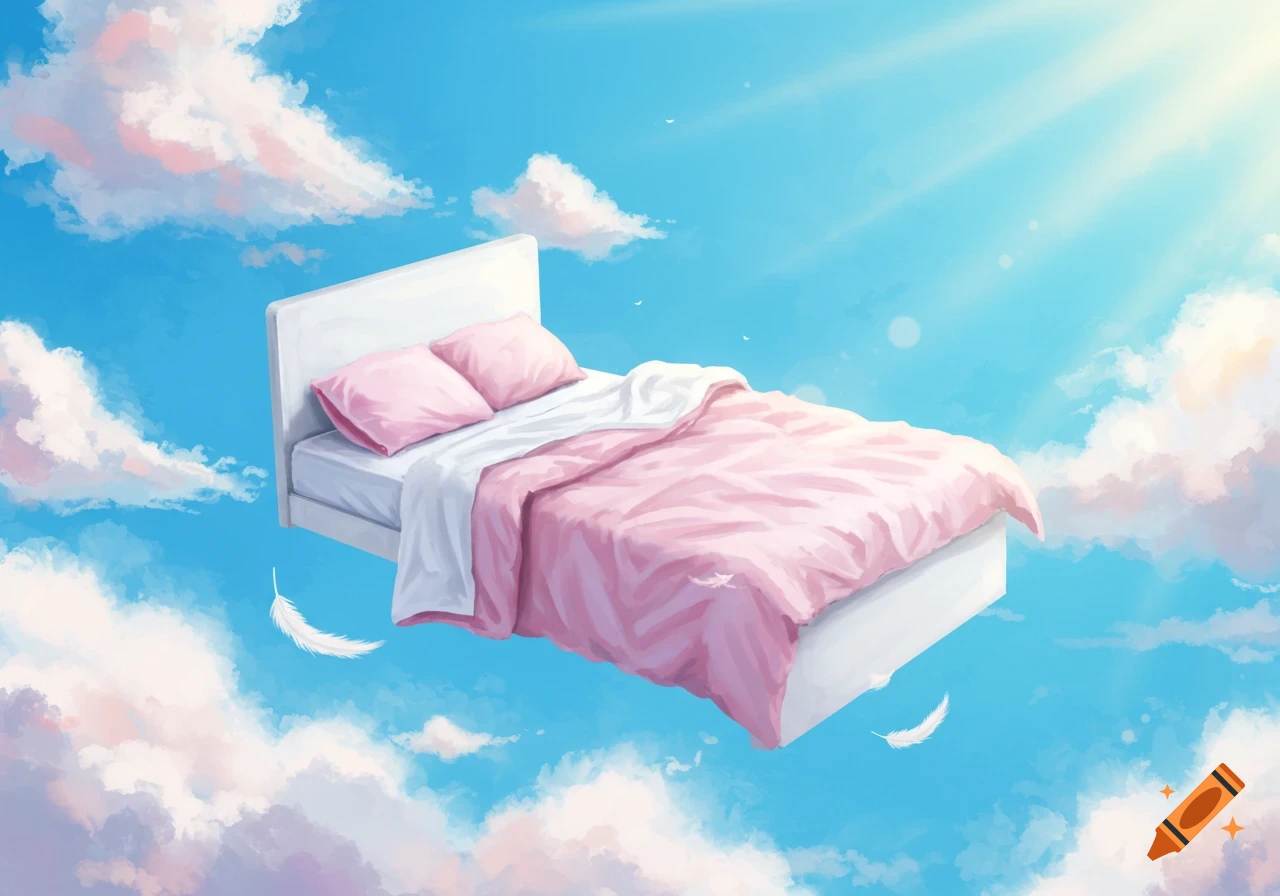 A white bed with pink covers floats among clouds in a sunny blue sky, digital painting.