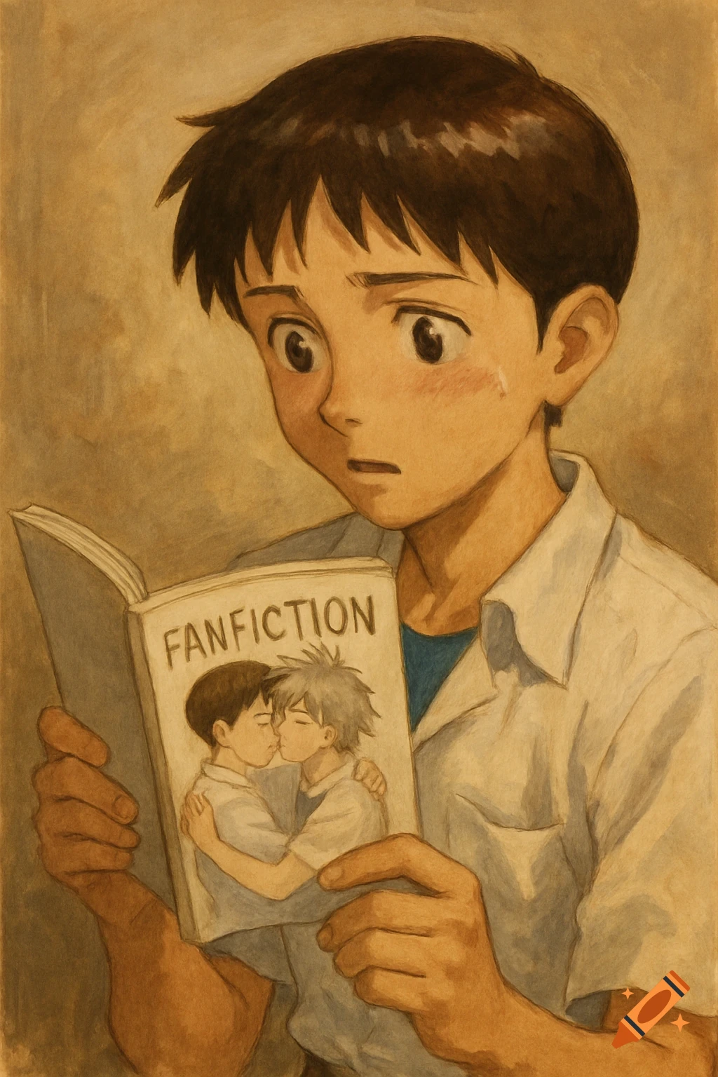 Anime character reading a book titled 'FANFICTION' with an illustration of two male characters kissing, in a watercolor style.