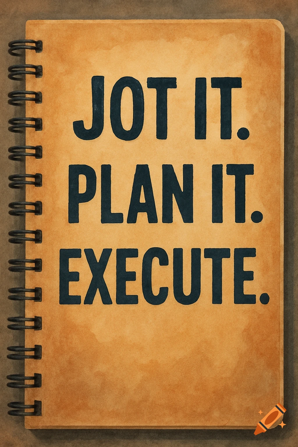 A spiral-bound notepad cover with the text 'JOT IT. PLAN IT. EXECUTE.'
