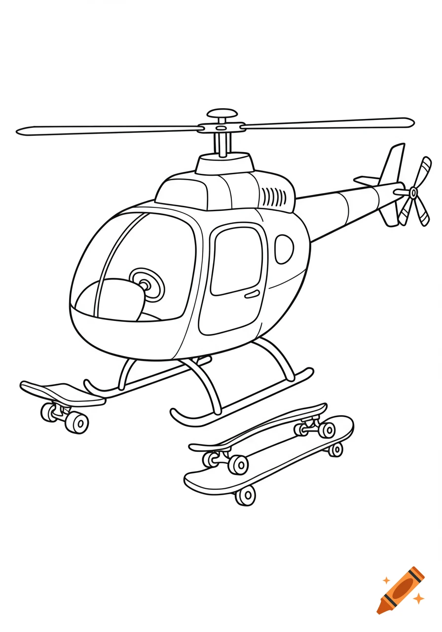 Line drawing of a cartoon helicopter with skateboards for landing gear.