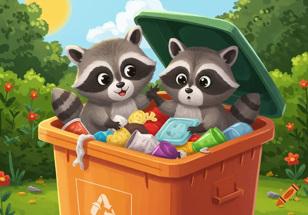 Two cute cartoon raccoons sit in a trash bin overflowing with garbage outdoors. Illustration style.