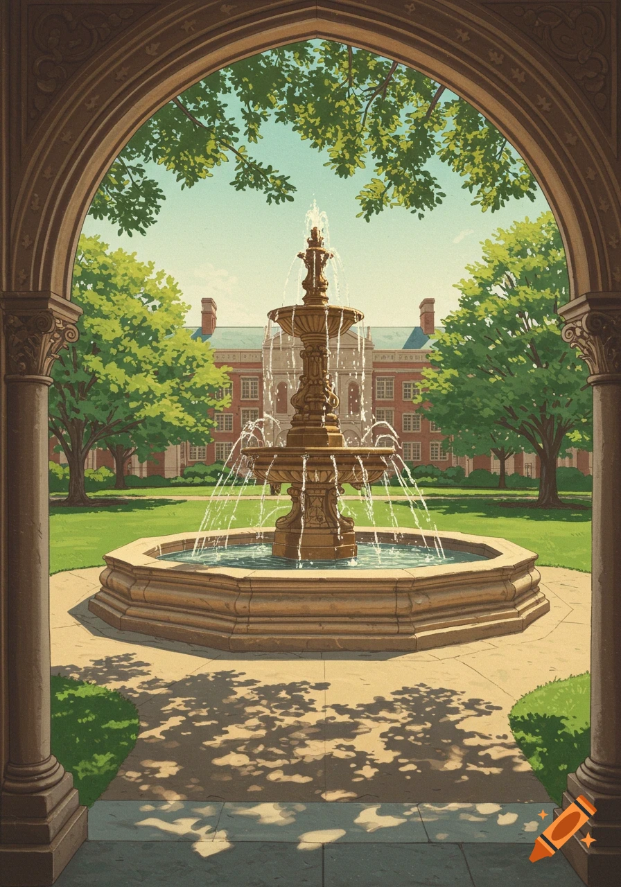 Illustrative view of a fountain in a university courtyard through an archway
