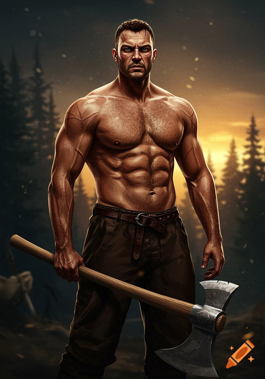 Muscular man with axe stands in forest at sunset, digital painting.