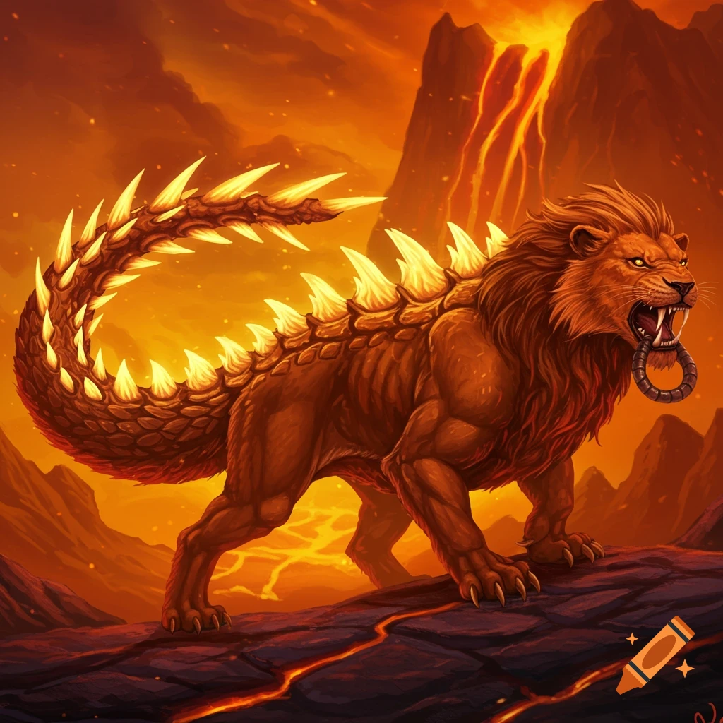 Fantasy creature with lion body and glowing spiky tail in volcanic landscape