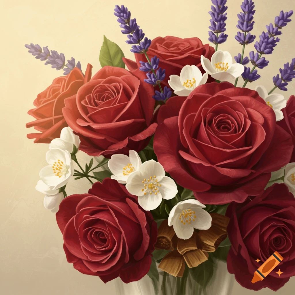 A bouquet of red roses, white jasmine, and purple lavender in a painterly style.