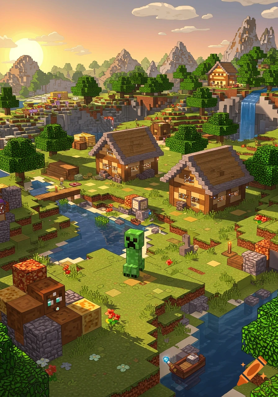 A vibrant Minecraft village scene with houses, a river, mountains, and a Creeper at sunset.