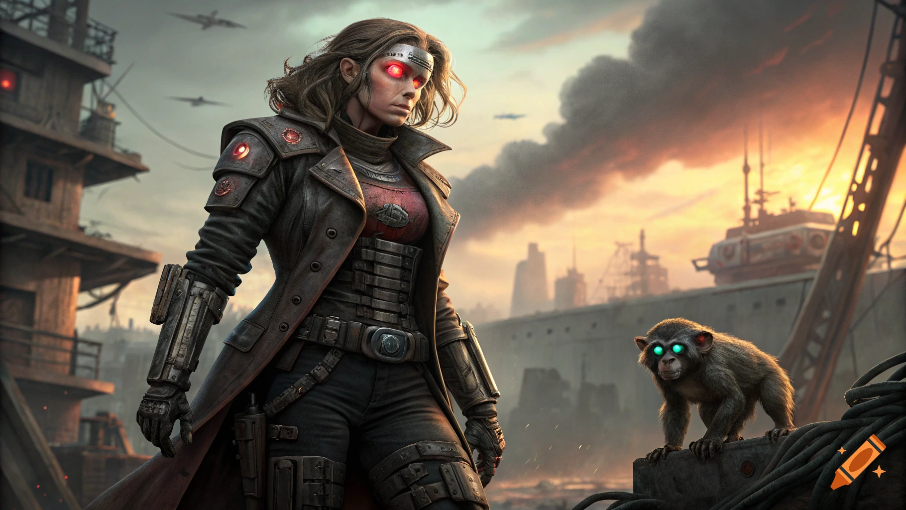 Humanoid synth woman with red eyes and robotic monkey with blue eyes in ruined dieselpunk setting.