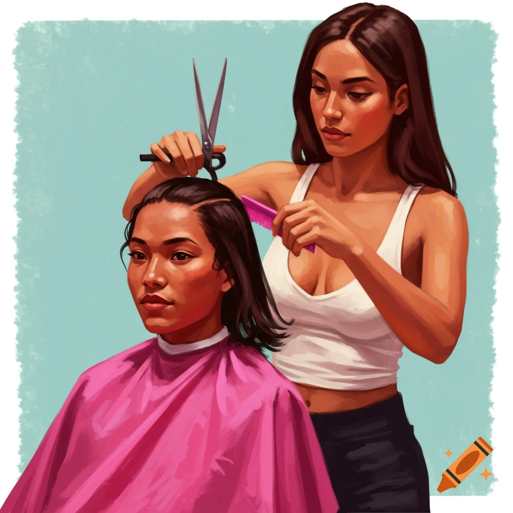 A painterly image of one woman cutting another woman's hair.
