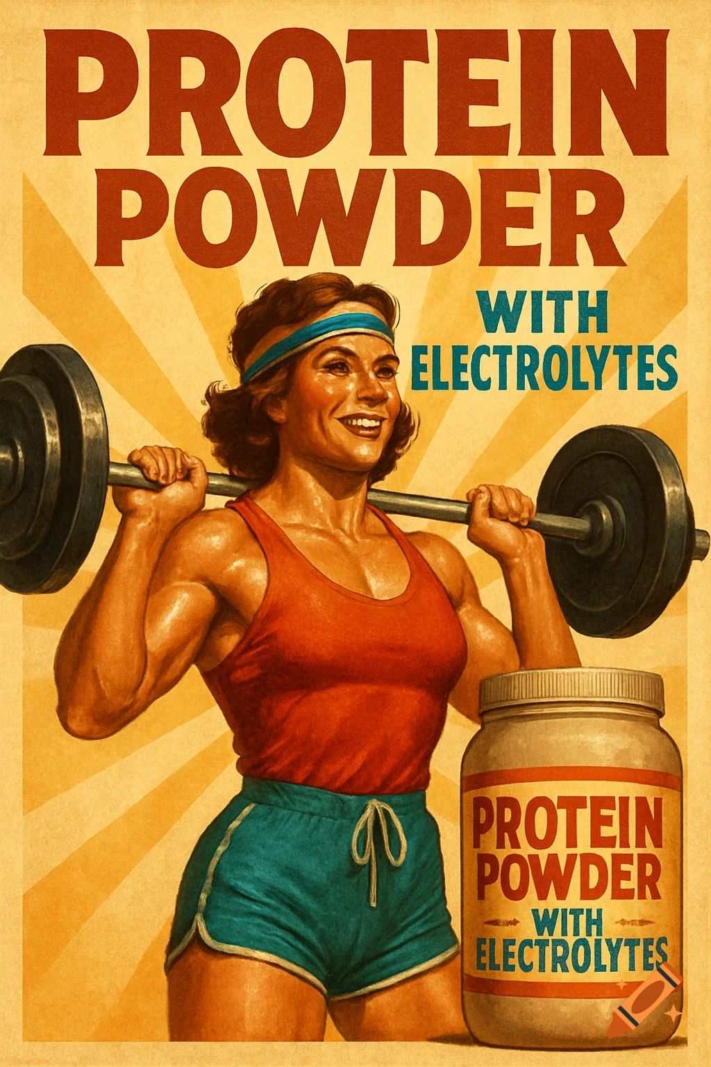 Retro style protein powder advertisement featuring a muscular woman lifting weights.