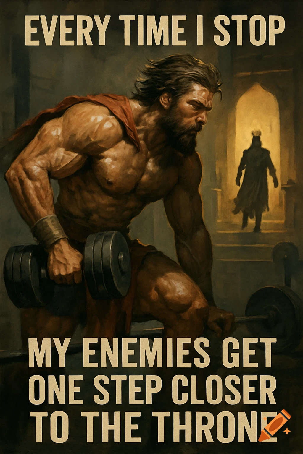 Muscular man lifts weights in a dark chamber with a figure ascending stairs in the background, painterly style.