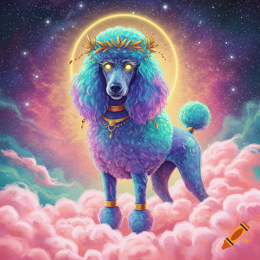 A blue and purple poodle god with a golden crown and halo stands on pink clouds in a cosmic sky.