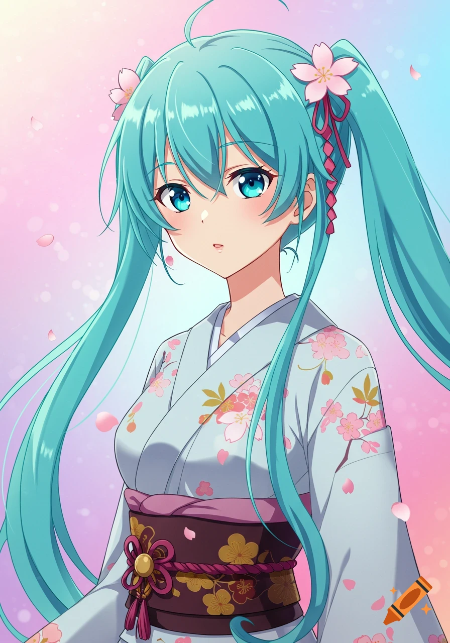 Anime woman with teal twin tails, wearing a floral kimono, surrounded by cherry blossoms