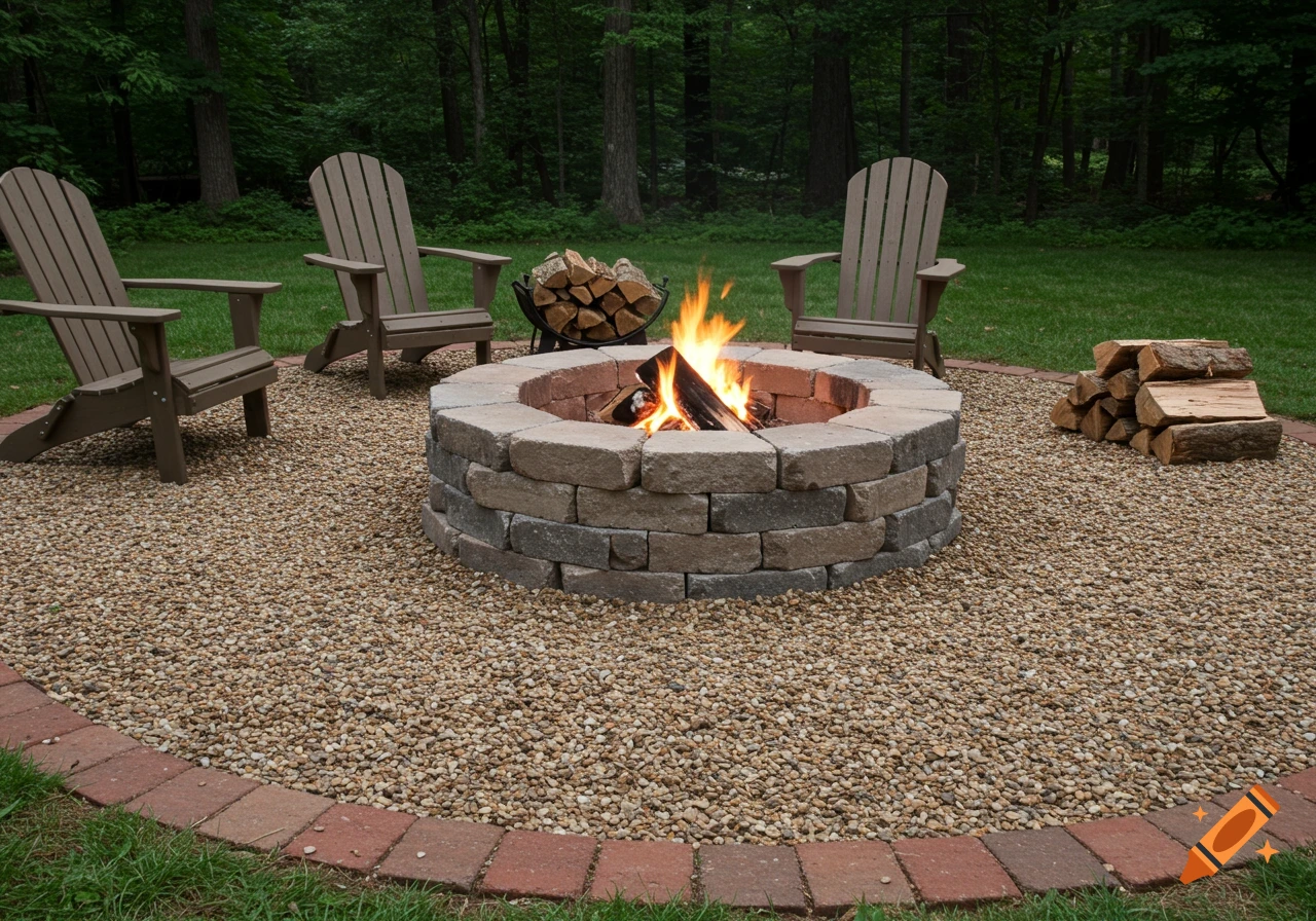 Fire pit with gravel patio and adirondack chairs in a backyard setting