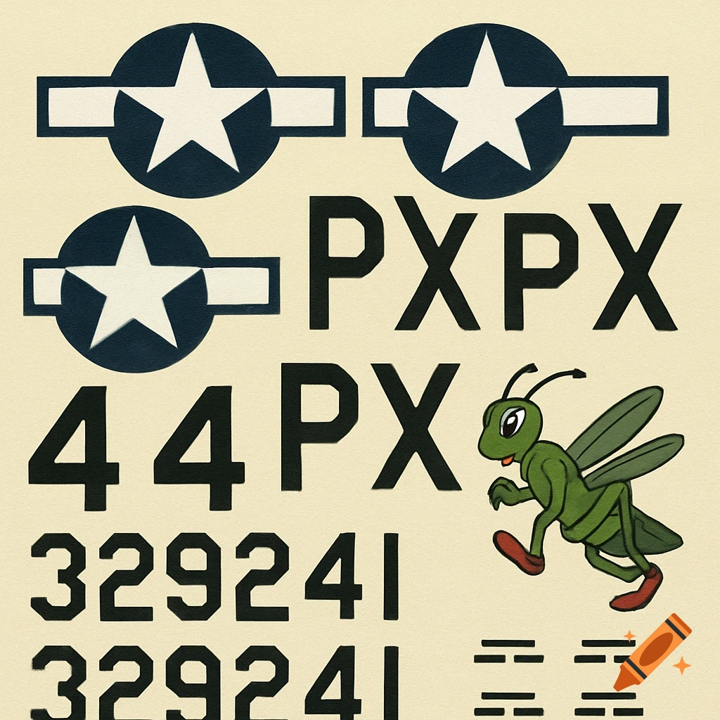 Aircraft decal sheet with roundels, numbers, letters PX and 329241, and a cartoon grasshopper illustration.