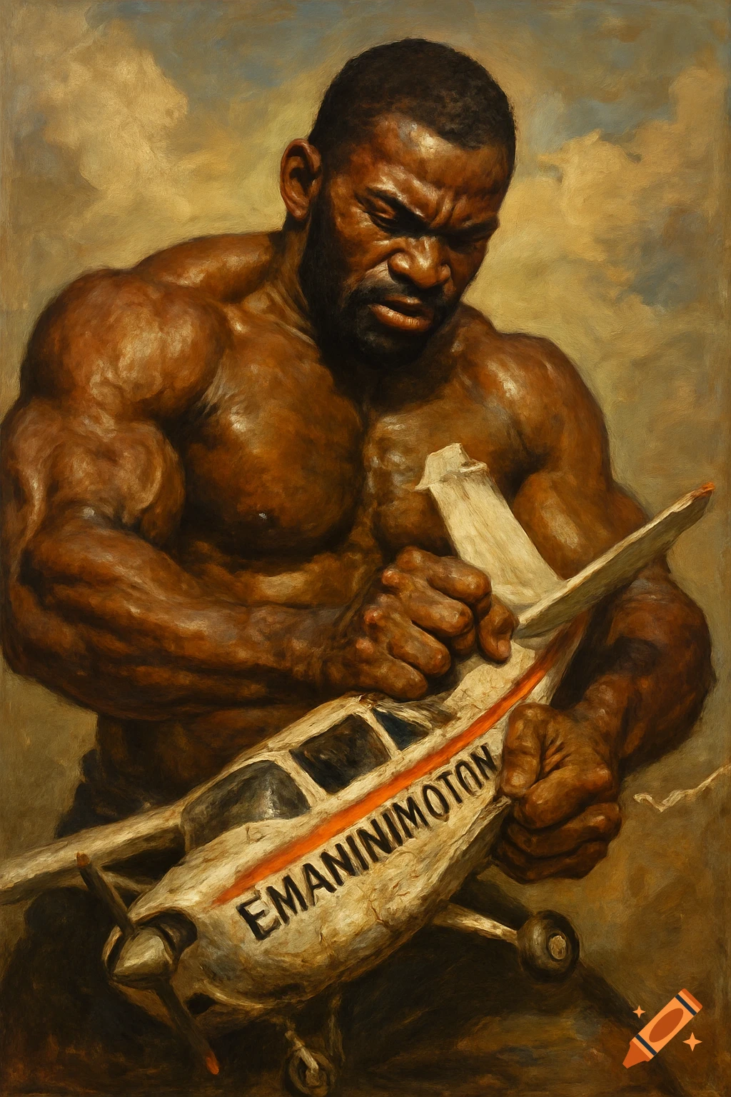 Oil painting of a muscular man crushing a small plane