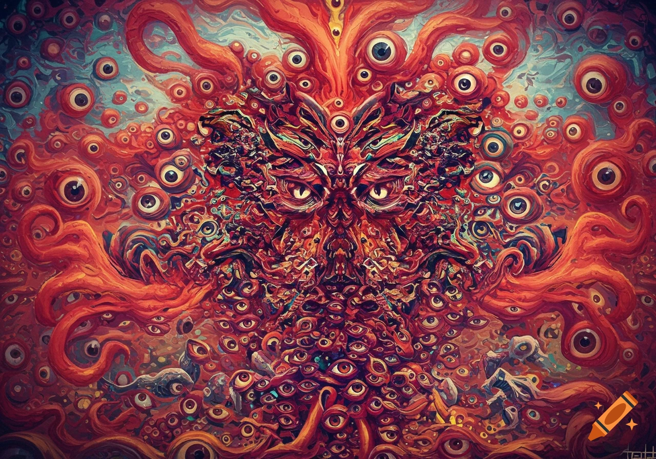 Surreal, chaotic image dominated by red and orange, featuring a central mask-like form composed of organic shapes and numerous eyes, surrounded by swirling tentacles and more eyes.