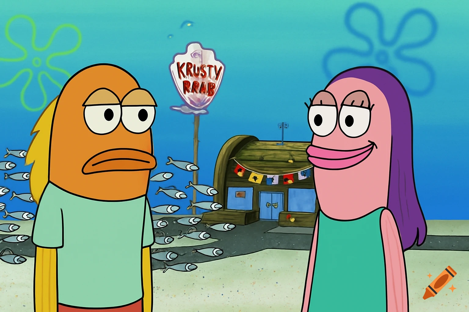 Two cartoon fish characters stand in front of the Krusty Krab restaurant in Spongebob Squarepants style.