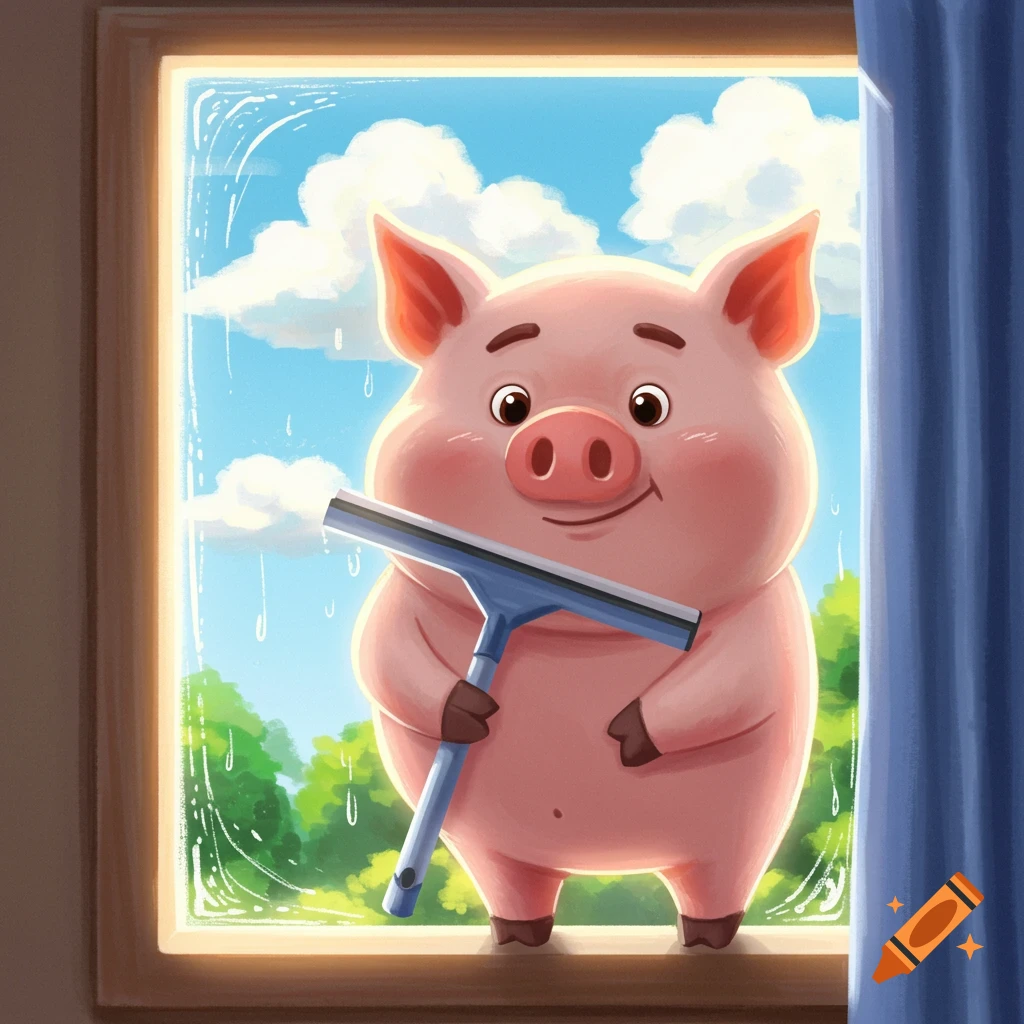 Cartoon pig cleaning a window with a squeegee