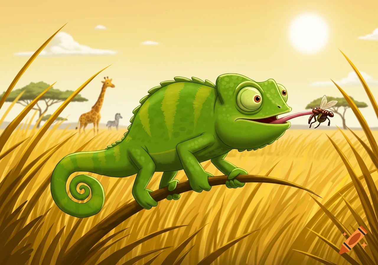 Cartoon green chameleon catches a fly with its tongue in a savanna with a giraffe and zebra in the background