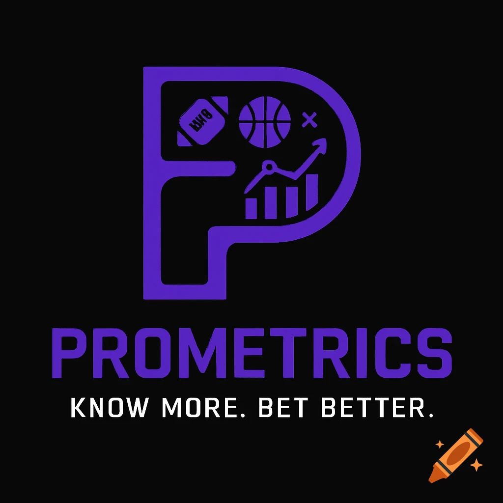 Logo for Prometrics featuring a purple stylized 'P' with sports and data icons, the name 'Prometrics', and tagline 'Know more. Bet better' in white on black.