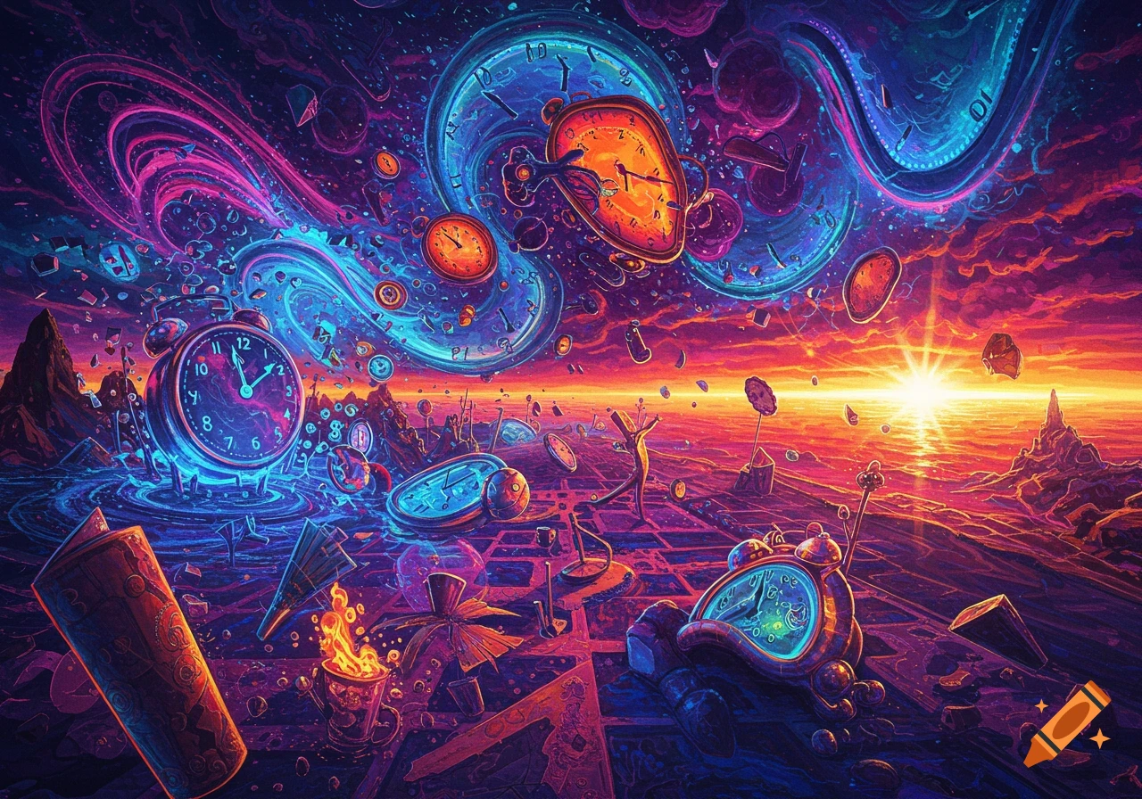 Surreal landscape with melting clocks, swirling objects, and a figure under a bright sunset, rendered in vibrant purple, pink, and orange tones.