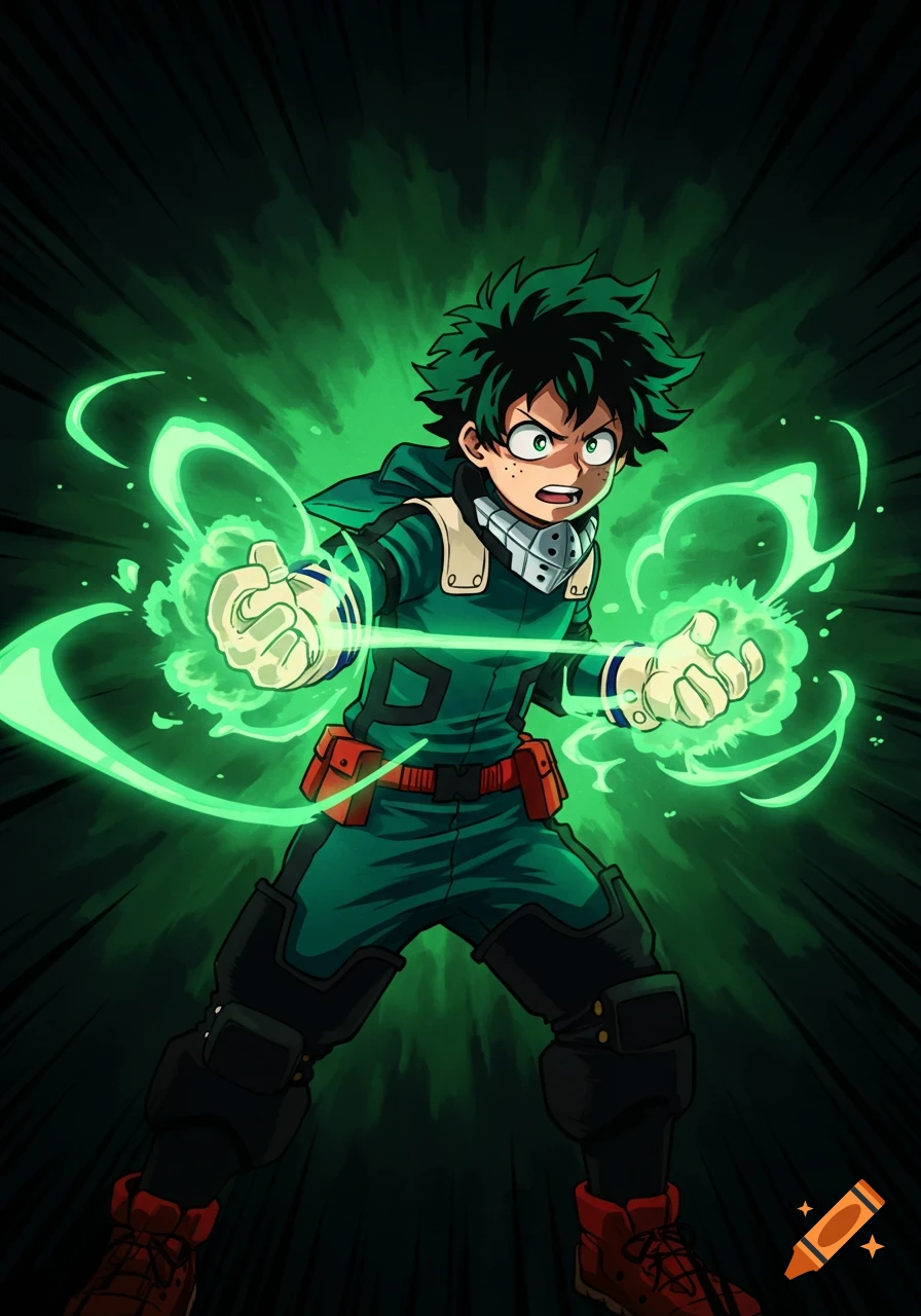 Anime character Izuku Midoriya powering up with green energy