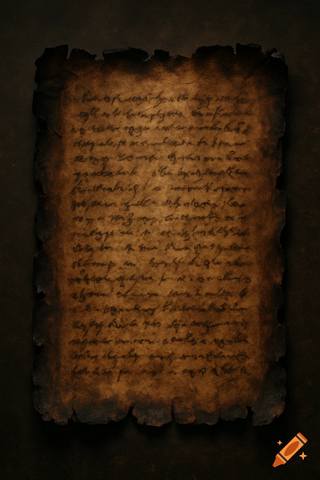 An old, burnt scroll with illegible writing on a dark background.