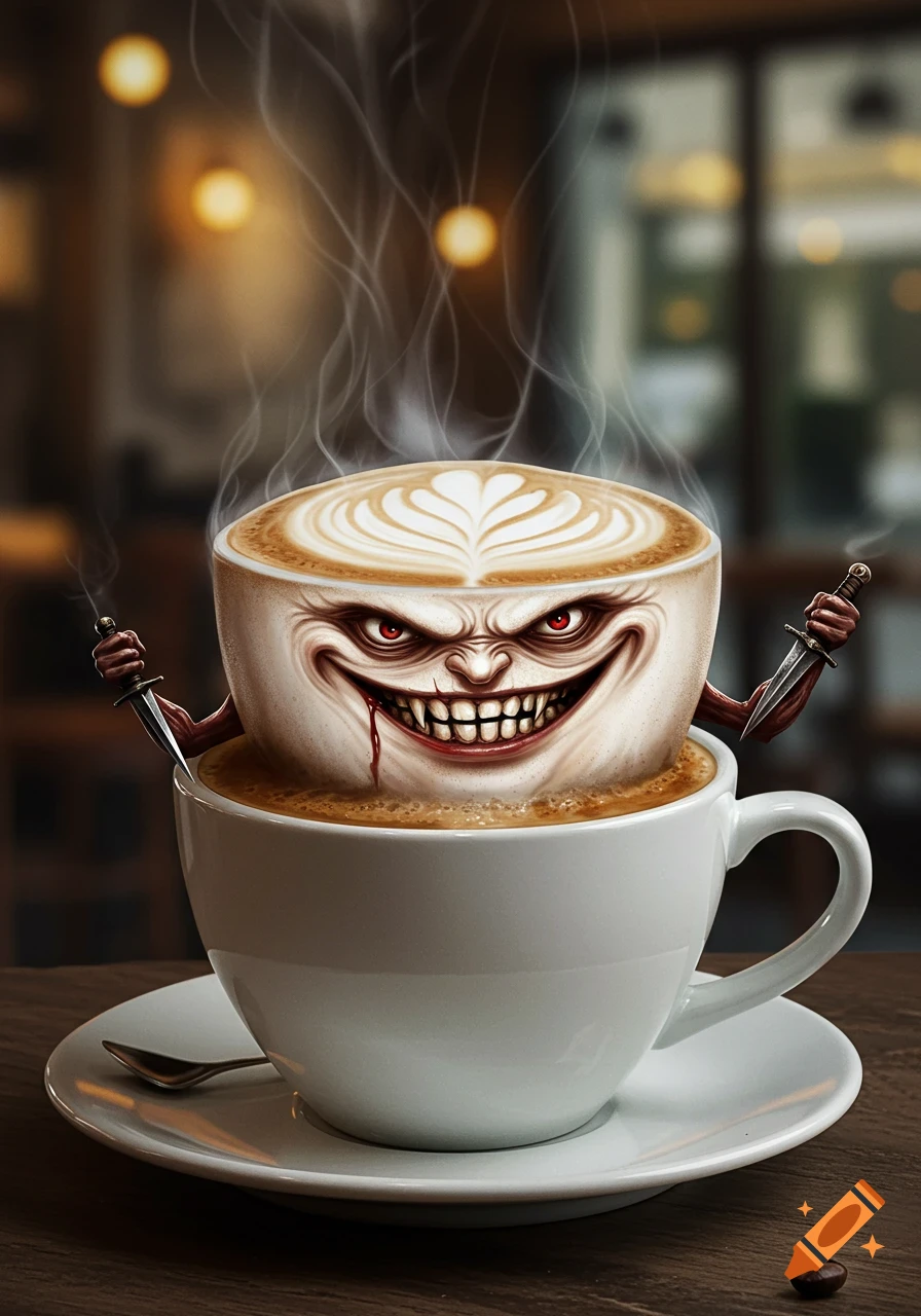 Stylized illustration of a monster face emerging from a coffee cup, holding knives in a cafe.