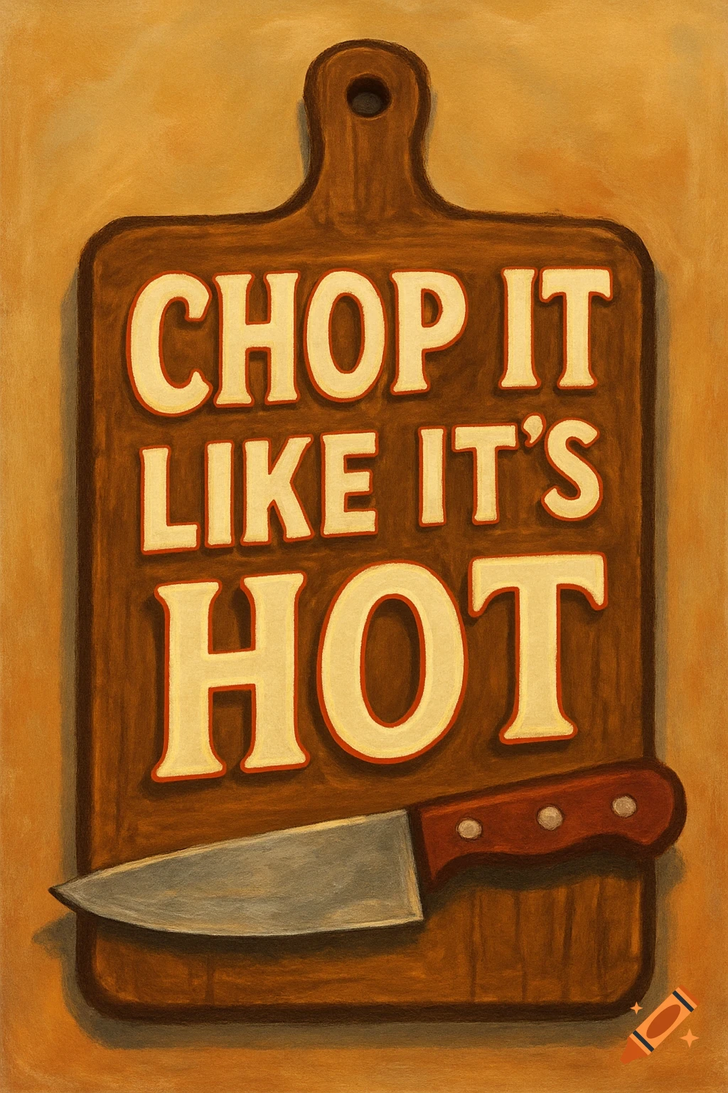 Painted illustration of a cutting board with a knife and the phrase 'CHOP IT LIKE IT'S HOT'