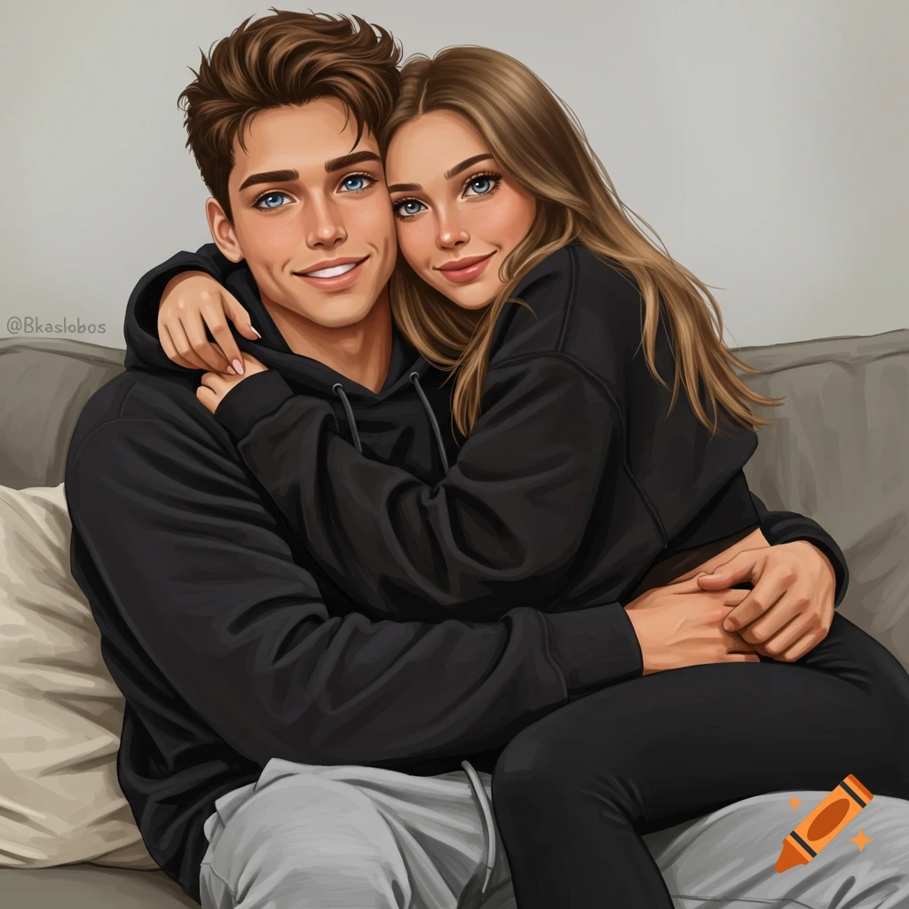 Digital illustration of a young couple cuddling on a couch.