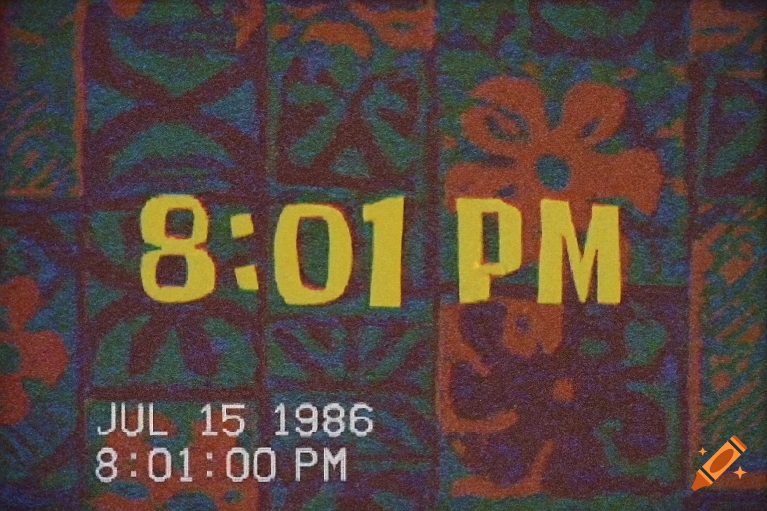 A vintage VHS-style image showing a time card with the time 8:01 PM and date JUL 15 1986.