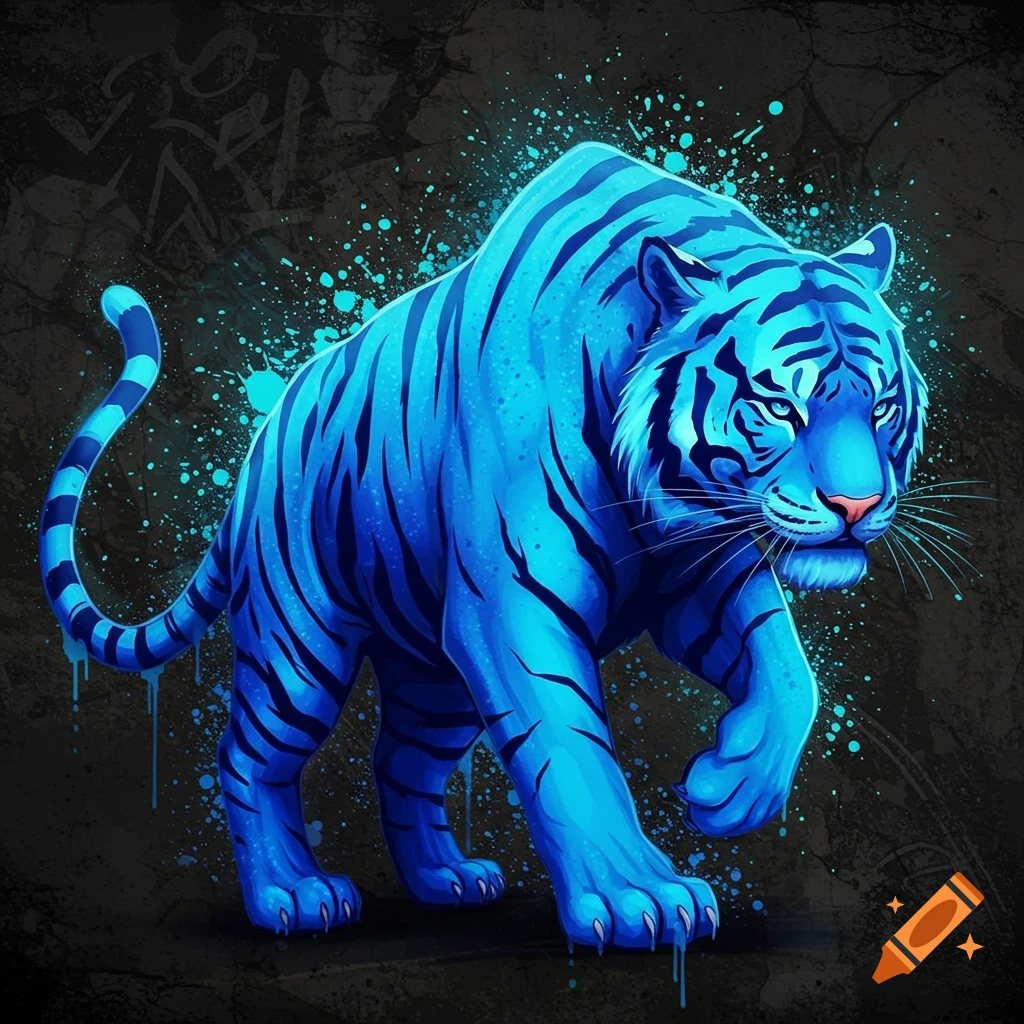 A vibrant blue tiger in a graffiti art style with paint splatters.