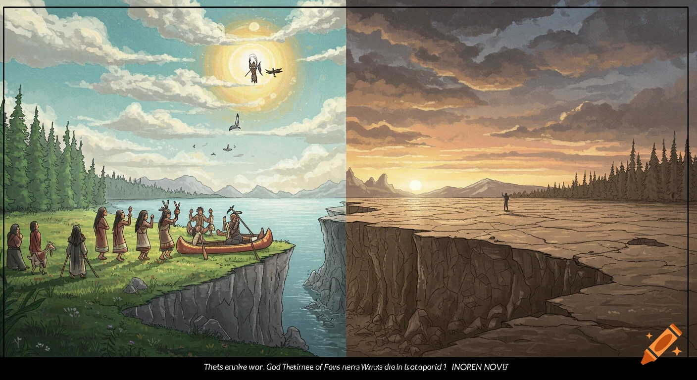 Illustration of a split landscape. Left side shows a vibrant scene with people dancing by a lake, forests, and a canoe. Right side shows a barren, cracked wasteland at sunset.