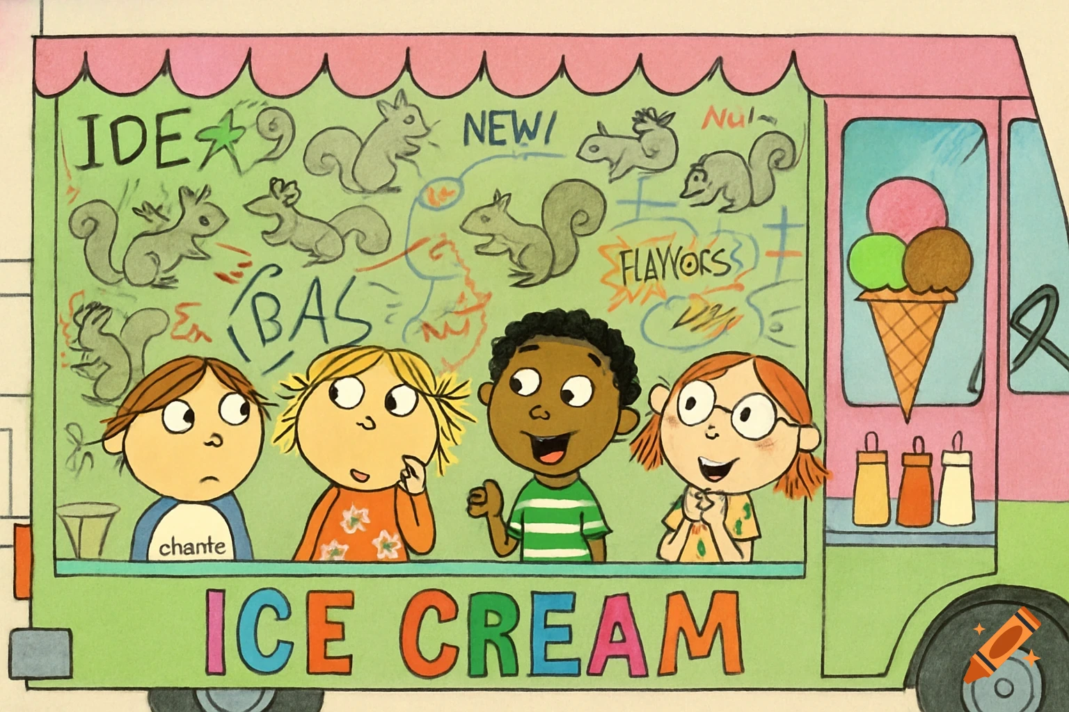 Colorful cartoon of four children in an ice cream truck with squirrel sketches and notes.