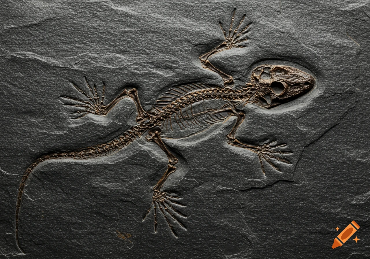 A detailed close-up of a fossilized lizard skeleton embedded in dark rock.