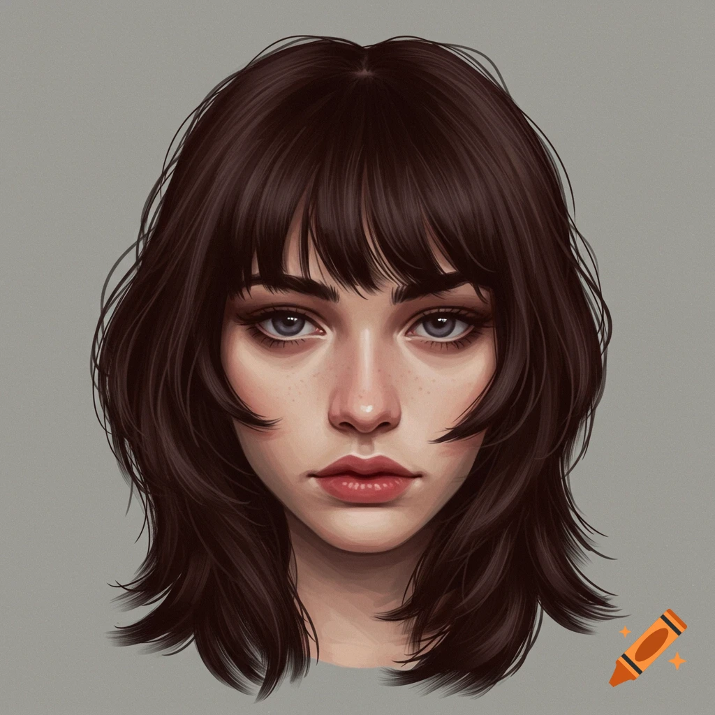 A stylized portrait of a woman with dark hair and bangs. on Craiyon