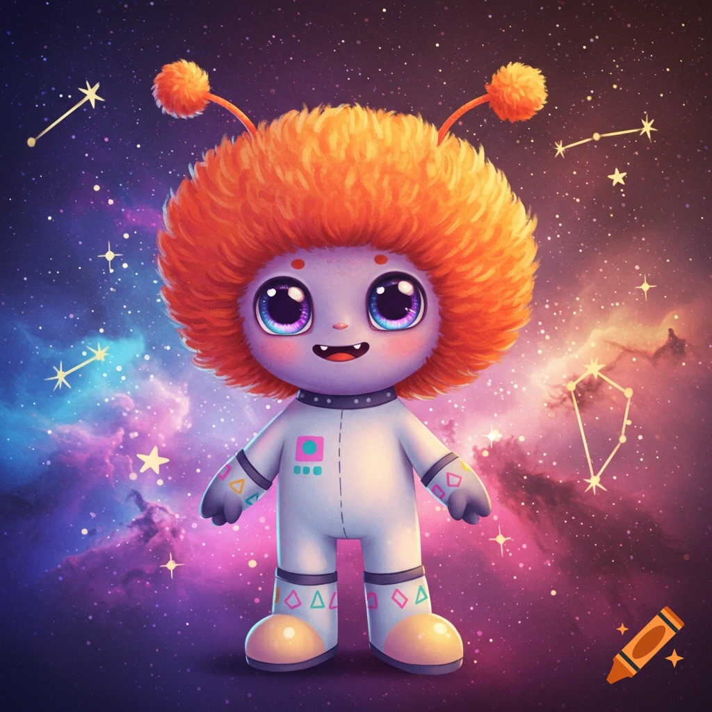 A cute orange fuzzy alien in an astronaut suit stands in space.