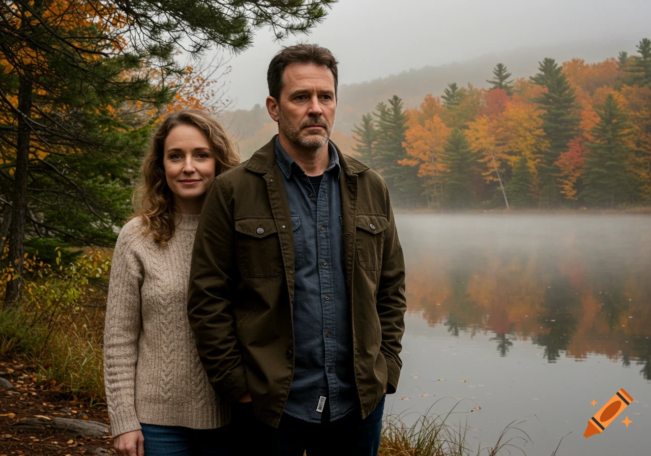 A couple stands by a foggy lake surrounded by autumn trees.